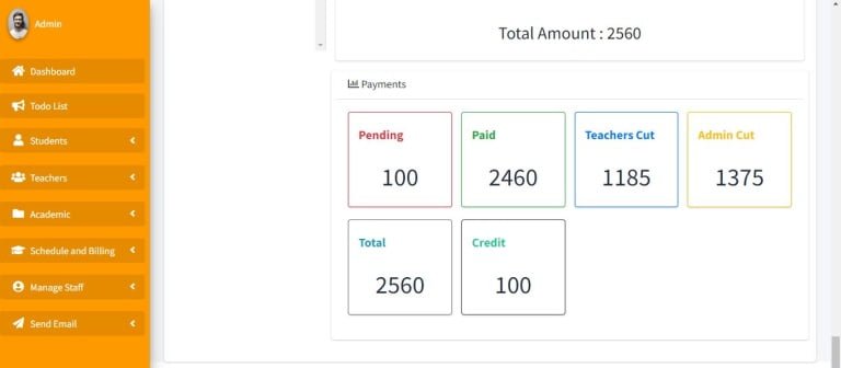 AICMS Streamlining Pending, Paid, Teachers' Cut, Admin Cut, Total, and Credit Functions
